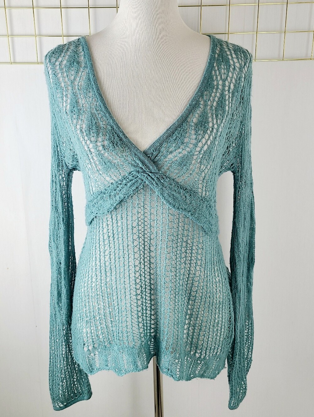 Teal Open Knit Fuzzy Babyfoll Retro Pullover Sweater Top